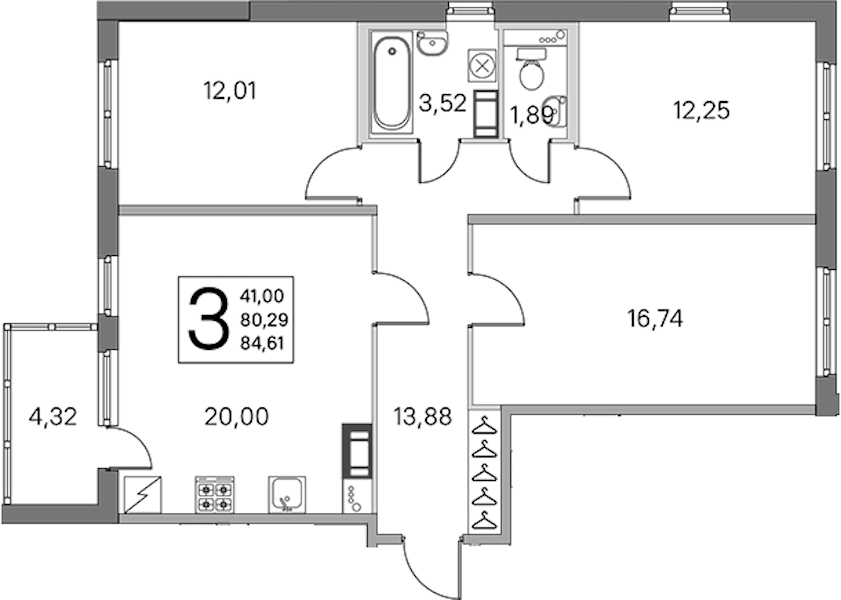 3-комнатная квартира 80.29 м², 2/5 эт., ЖК «ЮгТаун. Олимпийские кварталы»